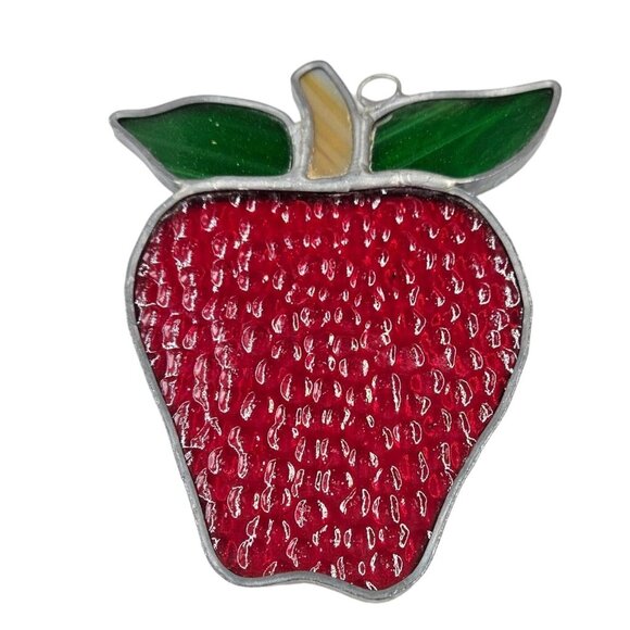 Vintage Stained Glass Apple Suncatcher With Green Leaves Vintage Decor - Picture 1 of 3